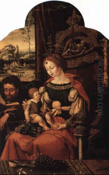 Madonna And Child Enthroned With Saint Joseph Reading Oil Painting by Pieter Ii Coecke Van Aelst