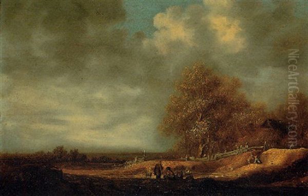 An Extensive Dune Landscape With Peasants Resting By A Path, A Cottage Amongst Trees Beyond Oil Painting by Jan Coelenbier