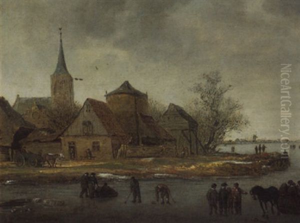 A Frozen River With Figures Putting And Conversing Before A Village Oil Painting by Jan Coelenbier