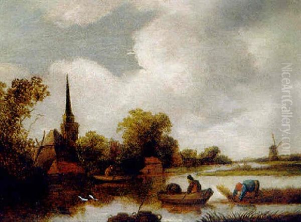 Abendliche Fluslandschaft Oil Painting by Jan Coelenbier