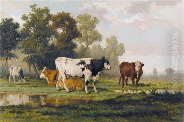 Weidende Rinder In Einer Auenlandschaft Oil Painting by Louis Coignard