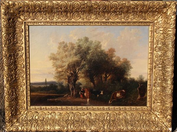 Paysanne Et Ses Vaches Au Bord De La Riviere Oil Painting by Jules Louis Phillipe Coignet