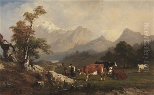 Alpenlandische Szene Mit Viehhirten Oil Painting by Jules Louis Phillipe Coignet