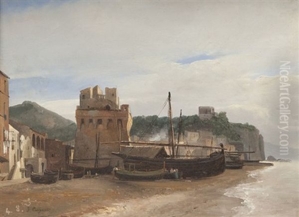 Bateaux Sur Une Plage Oil Painting by Jules Louis Phillipe Coignet