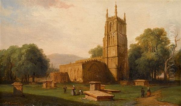 Landscape With Figures By A Cathedral Oil Painting by Jules Louis Phillipe Coignet
