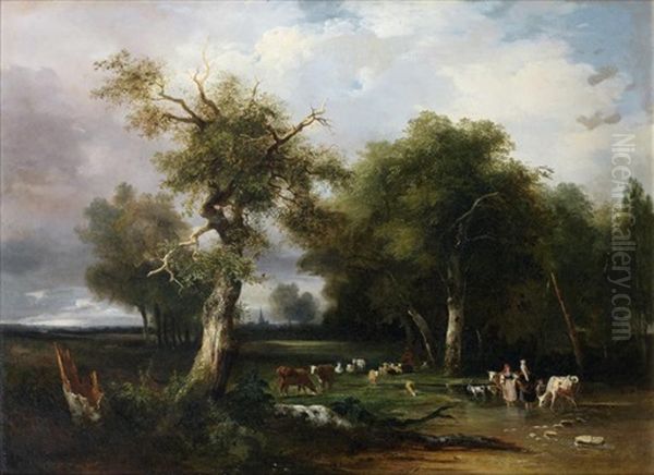 La Halte Au Bord De La Riviere Oil Painting by Jules Louis Phillipe Coignet