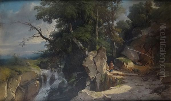 Le Berger Pres De La Cascade Oil Painting by Jules Louis Phillipe Coignet