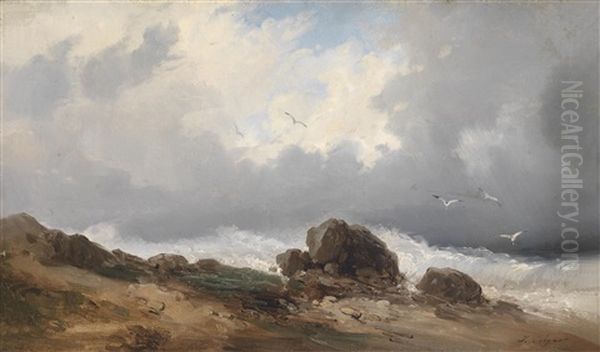 Meeresbrandung Oil Painting by Jules Louis Phillipe Coignet