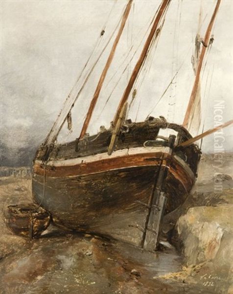 Barque Sur La Greve, Le Havre Oil Painting by Jules Louis Phillipe Coignet
