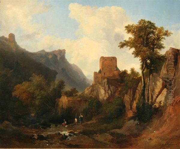 Creekside Repose By The Ruins Oil Painting by Jules Louis Phillipe Coignet