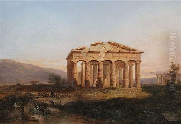 Die Tempel Von Paestum Im Abendlicht Oil Painting by Jules Louis Phillipe Coignet