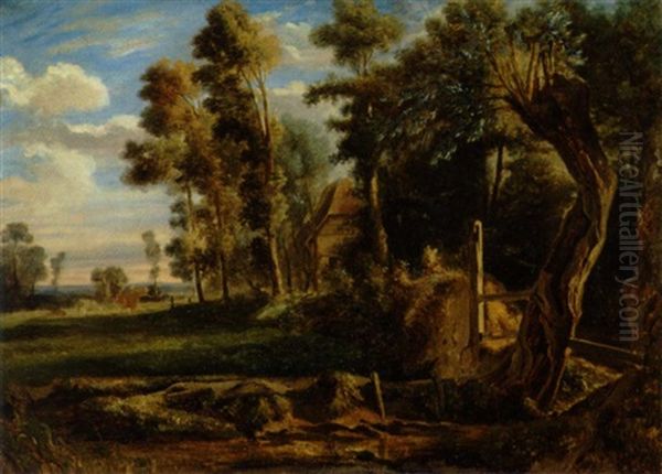 Huse I Skovens Udkant Oil Painting by Jules Louis Phillipe Coignet