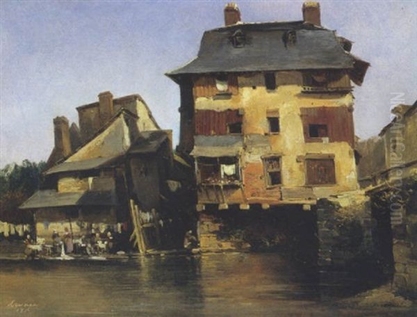 Les Lavandieres A Rennes Oil Painting by Jules Louis Phillipe Coignet