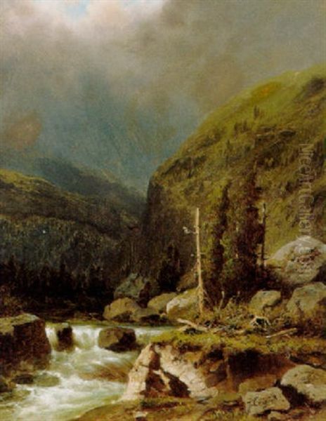 Fra En Bjergrig Egn Med Et Brusende Vandlob Oil Painting by Jules Louis Phillipe Coignet