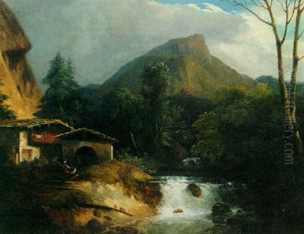 A Mountainous River Landscape Oil Painting by Jules Louis Phillipe Coignet