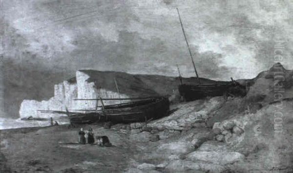 Bateaux A Maree Basse Oil Painting by Jules Louis Phillipe Coignet