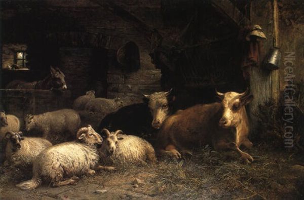 Farm Animals Resting In A Stable Oil Painting by George Vicat Cole