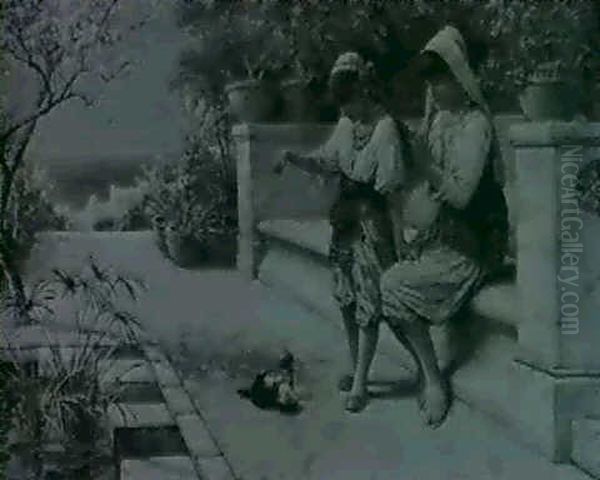 Two Pretty Young Girls Playing Ball With A Kitten On A      Classical Marble Loggia Oil Painting by William Stephen Coleman