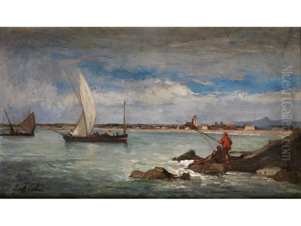 Uferlandschaft Mit Anglern Und Segelschiffen Oil Painting by Gustave Colin