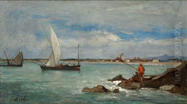 Kustenlandschaft Mit Segelbooten Und Anglern Oil Painting by Gustave Colin