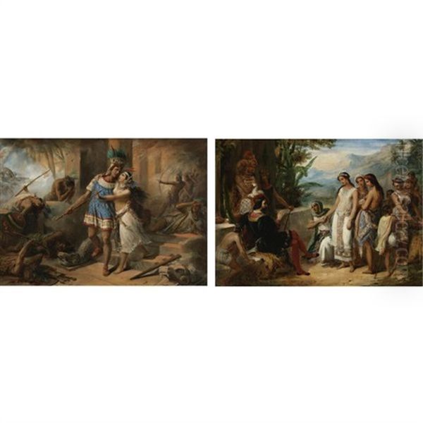 Telasco Defends His Fiancee Princess Amazili Against The Attacking Spaniards (+ A Young Inca Woman Is Offered To The Castilian Alonzo Molina For Marriage; Pair) Oil Painting by Gustave Colin