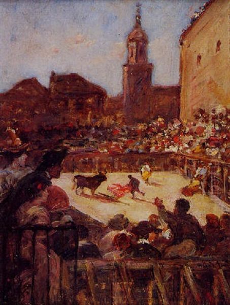 Novillada Au Pays Basque, Fontarabie (?) Oil Painting by Gustave Colin