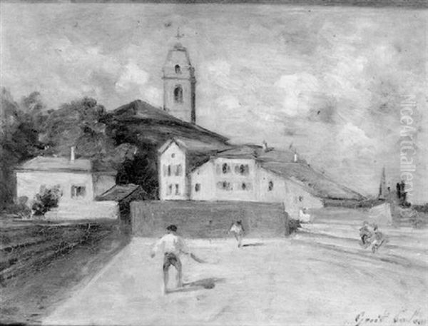 Le Jeu De Paume Et Le Clocher D'urrique Oil Painting by Gustave Colin