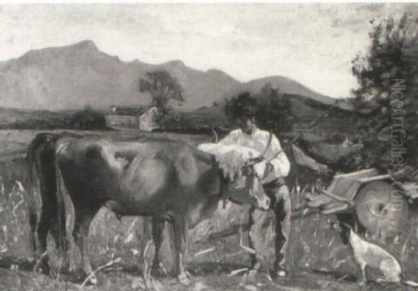 Farmer With Ox And Dog In A Landscape Oil Painting by Gustave Colin