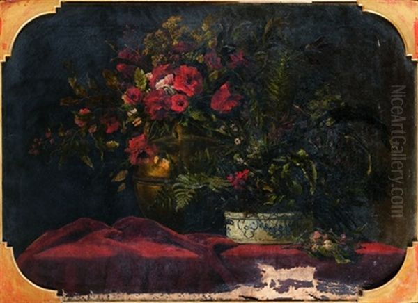 Nature Morte Aux Bouquets De Fleurs Sur Un Entablement Oil Painting by Paul-Alfred Colin