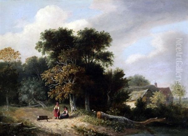 Children On A Lane With Cottage Beyond Oil Painting by Samuel David Colkett