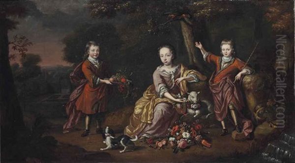 Portrait Of Three Children In A Landscape Oil Painting by Hermann Collenius