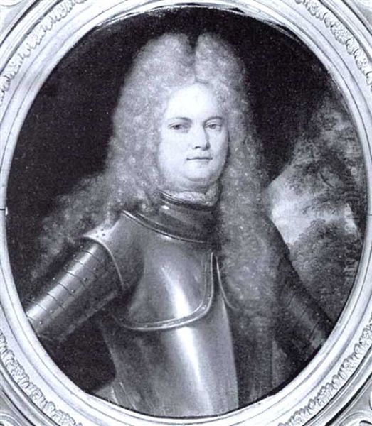 Portrat Eines Furstein Mit Allongeperucke Und Geschwarztem  Harnisch Vor Einer Landschaftskulisse Oil Painting by Hermann Collenius