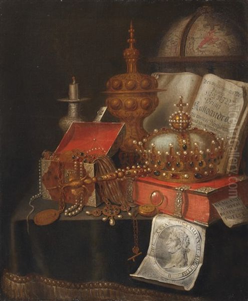 Vanitas With Crown, Sceptre, Jewellery And Globe Oil Painting by Edward Collier