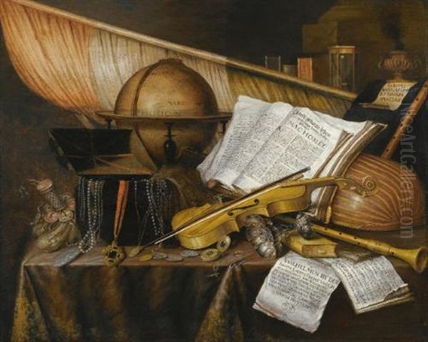 A Vanitas Still Life With Books And Leaflets, A Globe, A Princely Flag, A Musical Score, Musical Instruments, And An Hourglass On A Draped Table With A Silver Tazza, Coins, A Watch, And A Purse Oil Painting by Edward Collier