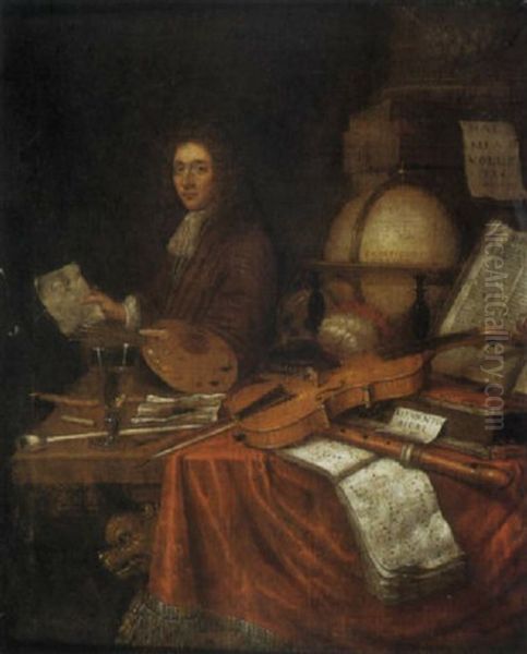 A Self Portrait Of The Artist With A Vanitas Still Life Oil Painting by Edward Collier