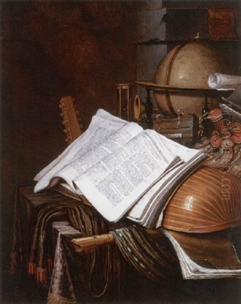A Vanitas Still Life With A Globe, An Hourglass, A Pouch, Books, Sheet Music, And Musical Instruments On A Table Oil Painting by Edward Collier