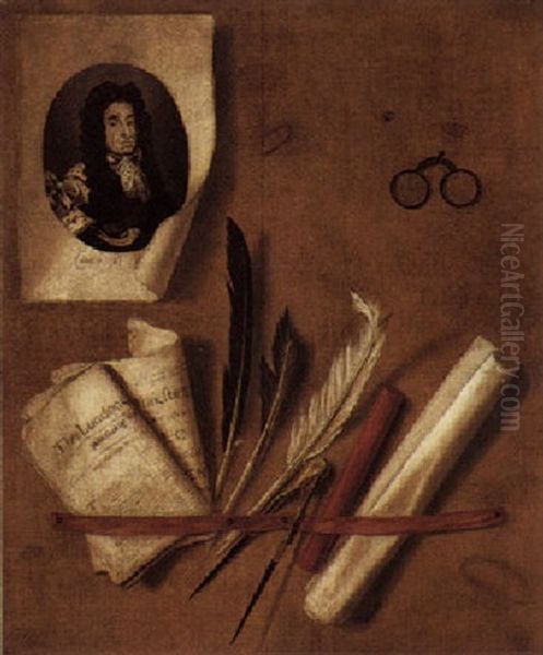 Trompe L'oeil Still Life With Letter Rack And Engraving Of A Portrait Of Charles Ii Oil Painting by Edward Collier
