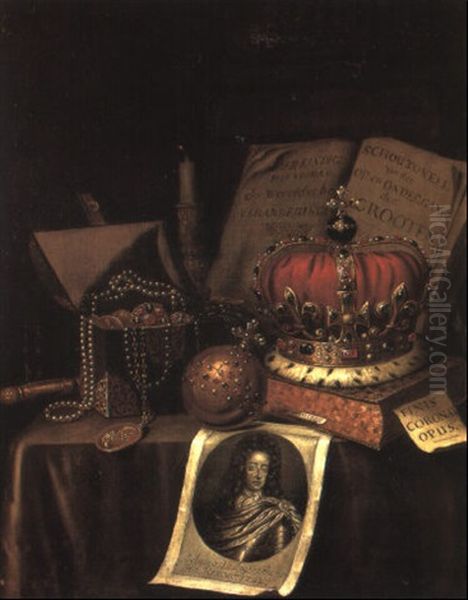 A Vanitas Still Life Of Worldy Possessions On A Draped Table Oil Painting by Edward Collier