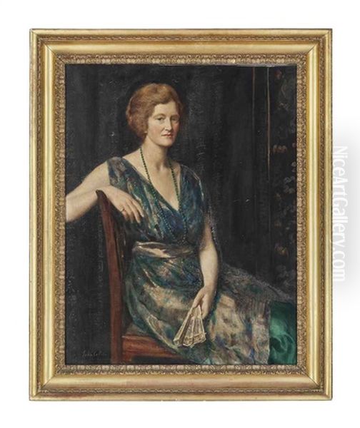 Portrait Of A Lady, Thought To Be Mrs Geoffrey Pynam Of Guildford, Seated, In A Green Dress Oil Painting by Collier, John