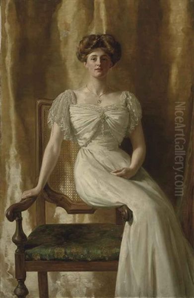 Portrait Of The Hon. Mrs Harold Ritchie, Seated In A White Dress With Lace Trim Oil Painting by Collier, John