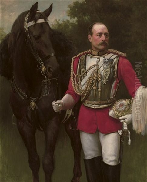Portrait Of Colonel Rowland Beech In The Uniform Of An Officer Of The Life Guards, With His Horse Oil Painting by Collier, John