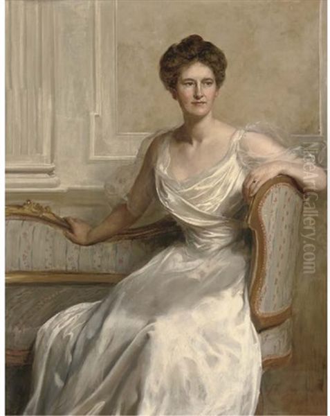 Portrait Of Mary Frances Wilson, Seated Three-quarter-length, In A White Dress, In An Interior Oil Painting by Collier, John