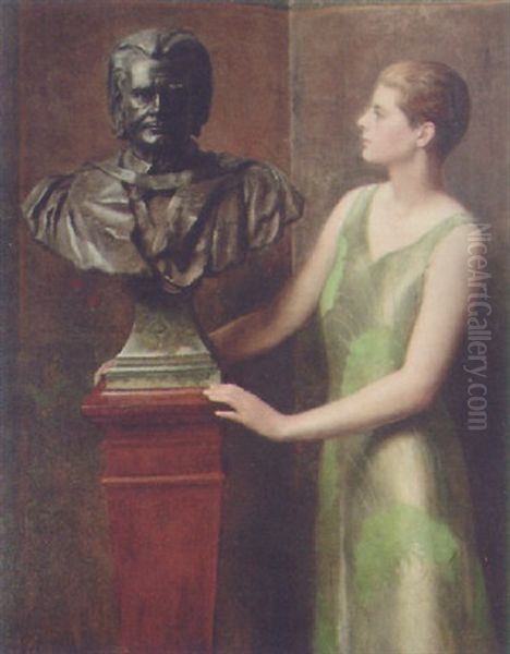 Portrait Of A Lady In A Green Dress By A Bronze Bust Of A Scholar Oil Painting by Collier, John