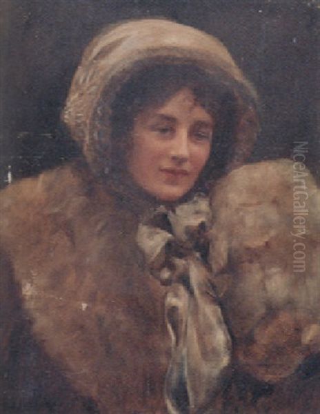 Portrait Of Mrs H. Marillier In White Fur Coat And Ribbon-tied Bonnet Oil Painting by Collier, John