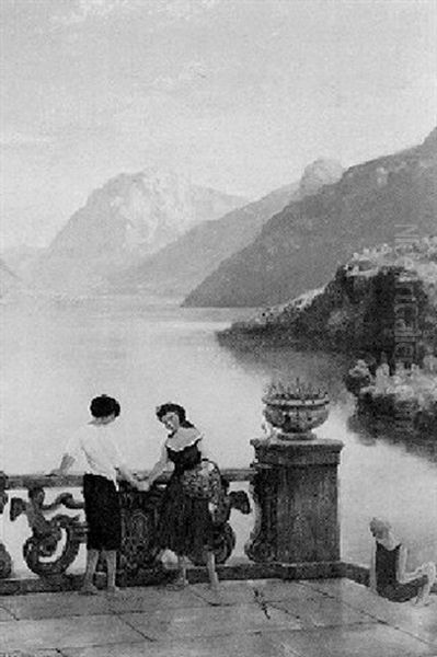 Figures On A Terrace Overlooking A Lake Oil Painting by Collier, John