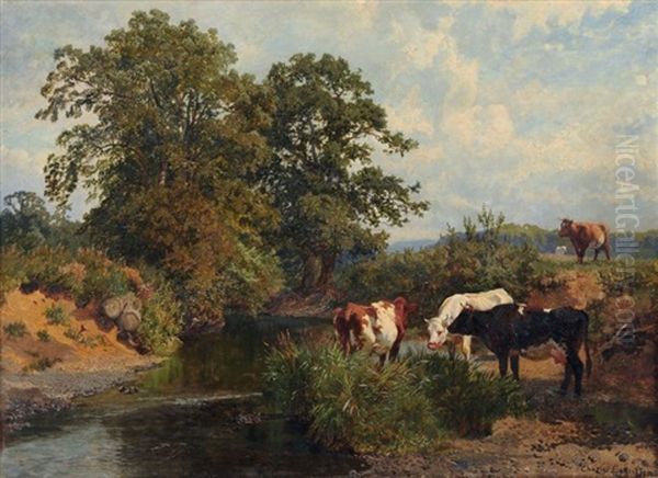 Rastende Kuhe Am Sommerlichen Flusslauf Oil Painting by Charles Collins II