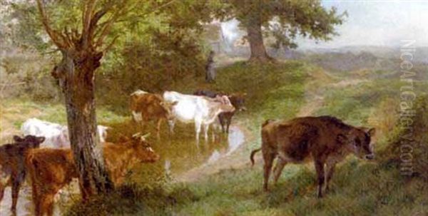Cattle Watering In A Landscape Oil Painting by Charles Collins II