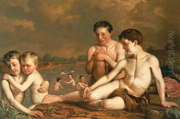 Badende Knaben An Einem Fluss Oil Painting by Hugh Collins
