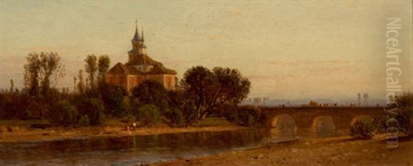 European River View With Bridge And Church Oil Painting by Samuel Colman