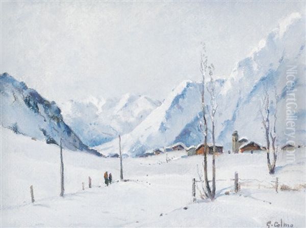Paesaggio Innevato Con Baite E Figure Oil Painting by Giovanni Colmo